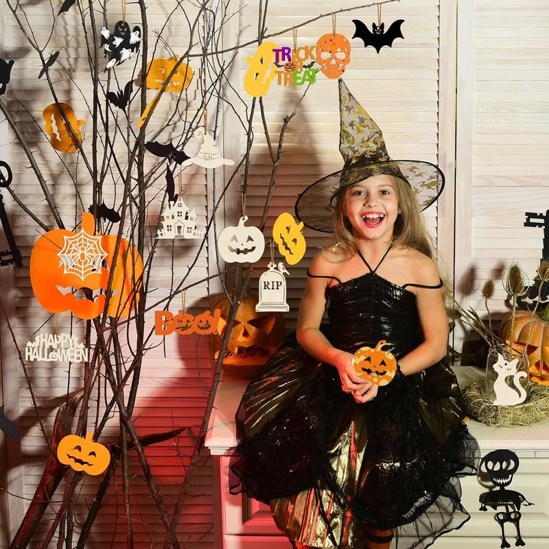 Sophena 80PCS Wooden Halloween Ornaments to Paint Fall Decorations,10 Styles DIY Blank Autumn Unfinished Wood Skull Pumpkin Ghost Bat Boo Trick or Treat Halloween Cutouts Ornament for Crafts Party Hanging - Image 4